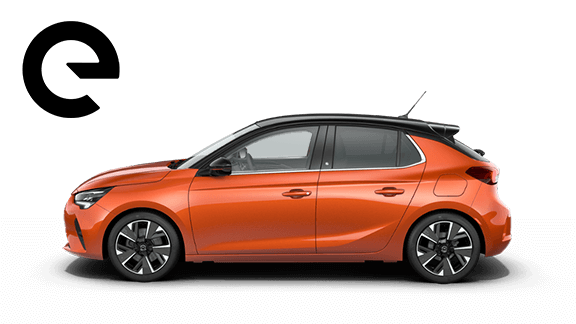 Orange Opel Corsa sedd från sidan